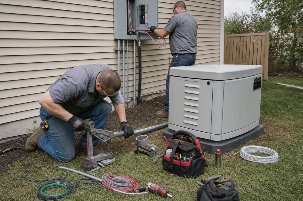 Two electricians installing a residential standby generator beside a house, one bending conduit and one wiring the panel.