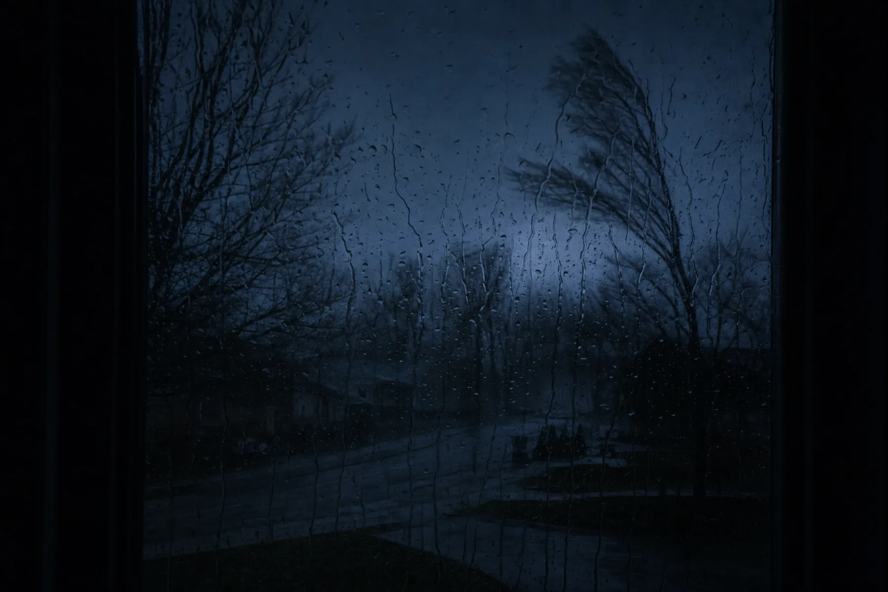A dark suburban street seen through a rain-covered window during a night storm, with no lights on anywhere.