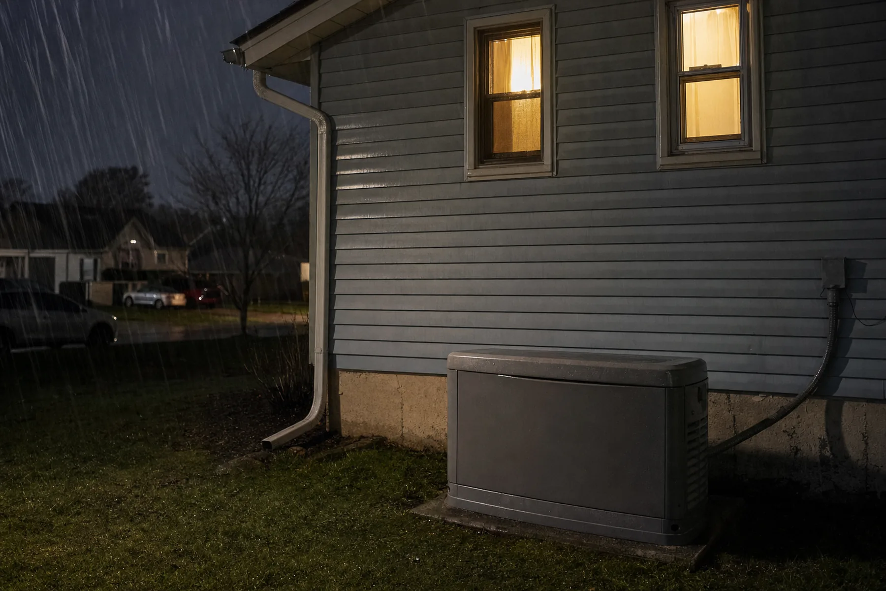 A residential standby generator on a concrete pad beside a house at night during heavy rain, with two lit windows above it.