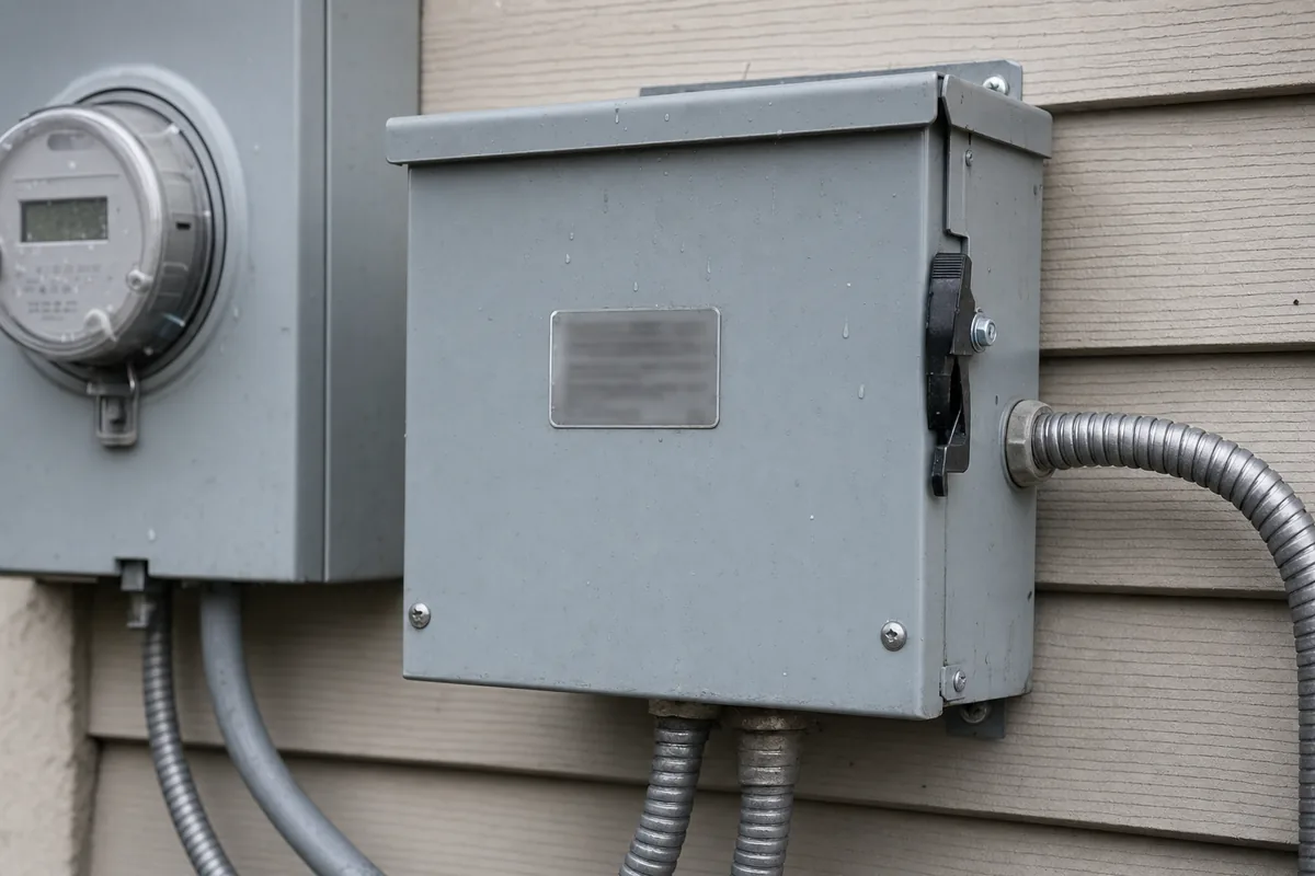 Close view of an automatic transfer switch enclosure, conduit, and meter mounted on the exterior wall of a house.